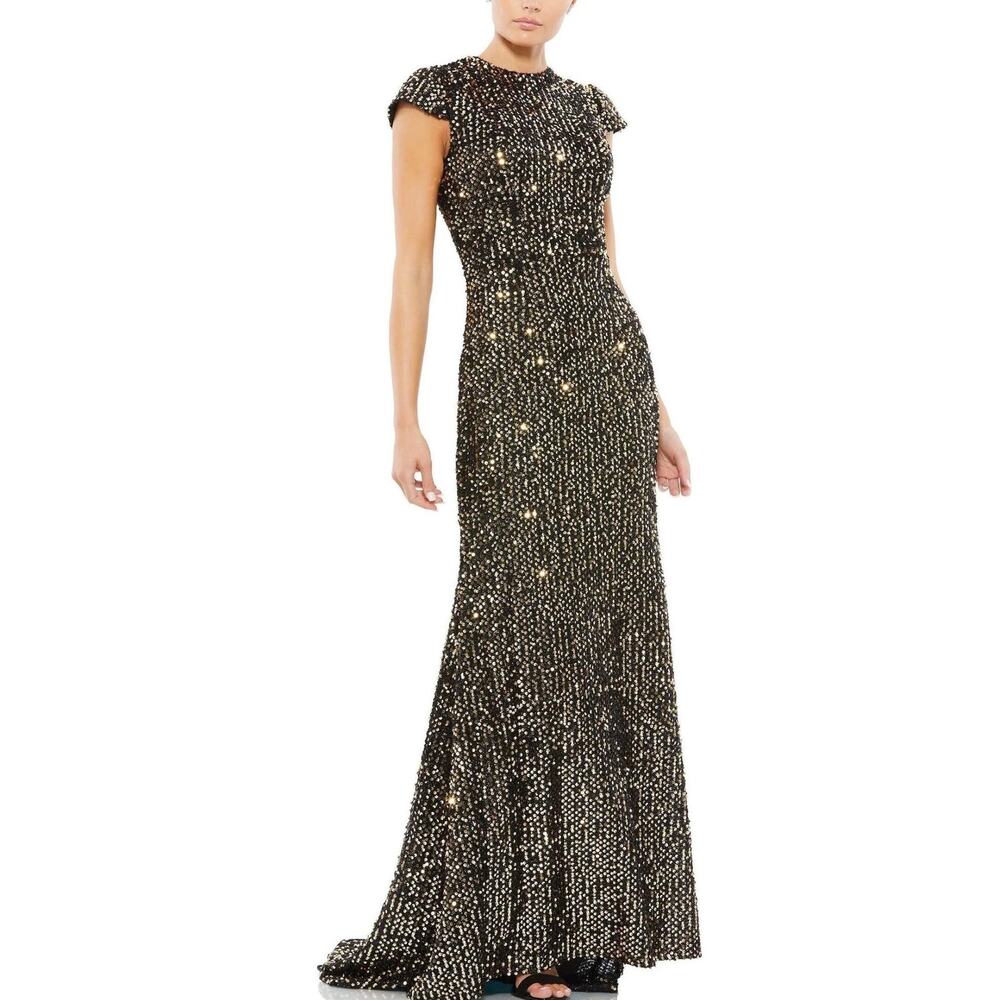 Mac Duggal 26647 Black and Gold Column Evening Gown Cap Sleeve Dress Size 6